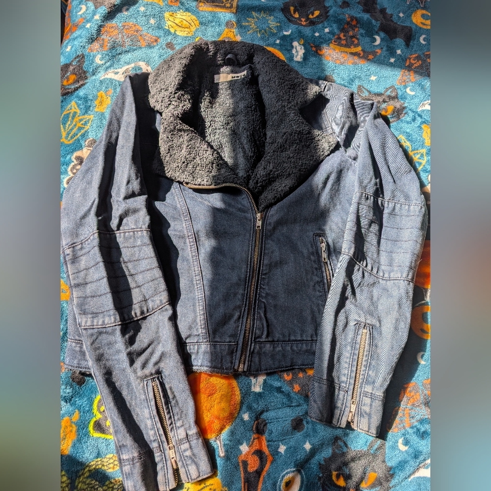 Topshop Blue Denim Jacket with Black Faux Fur